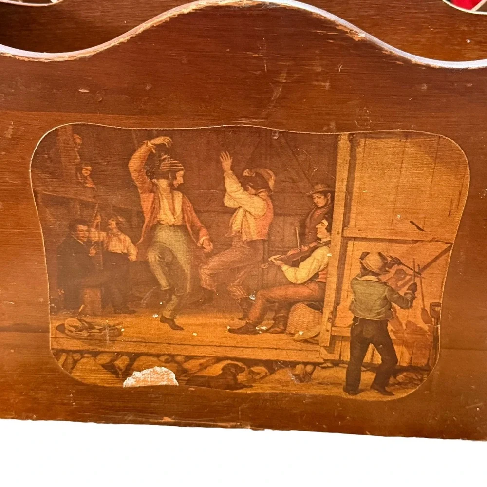 Vintage Wood Magazine Rack Rustic Barn Dance Decoupage Double Side Holder Brown